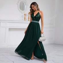 Vestido de cóctel elegante y romántico para dama de honor con escote en V, cintura con cuentas, malla con lentejuelas, espalda descubierta y abertura, vestido amplio