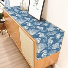 1pc Seahorse Print Table Runner, 4pcs Seahorse Print Placemats, Suitable For Festivals, Parties, Birthdays, Dinners, Kitchen & Dining Table Decor, Applicable All Year Round For Home Decoration And Textiles