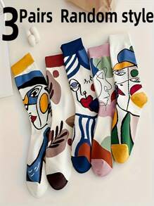 5 pares de calcetines de diseño de pintura abstracta para parejas, calcetines largos transpirables y que absorben la humedad para mujeres, calcetines cómodos y casuales unisex para todas las estaciones, otoño/invierno, estilo europeo