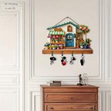 2D Flat, 1pc, A Wooden Colorful Flower Shop Town Multifunctional Home Key Hanger (29.97cm X 22.86cm), With Four Metal Hooks - 2D Flat Printing, Wall Decoration, Porch Decoration, Room Decoration, Villa Decoration, Four Seasons Home Decoration, 2D Flat