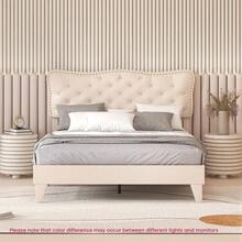 GOFLAME Double Size Bed Frame, Modern Linen Upholstered Platform Bed Frame With Button Tufted Headboard, Wooden Slats Support Mattress Foundation, Easy Assembly, No Box Spring Needed, Beige - Beige - View 7
