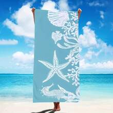 1PC Blue Starfish Printed Beach Towel, Ultra-Fine Fiber, Quick Drying Sand Free, Bright Stripes, Suitable For Travel, Yoga, Camping, Swimming, Bathroom, Living Room, Bathroom Towels, Camping Equipment, Essential For The Beach Beach Essentials - Blue - View 1
