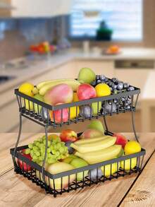 1pc Fruit Basket Vegetable Basket, Metal Storage Basket With Hook And Wooden Handle, Stackable And Movable Kitchen Storage Rack Fruit Storage Basket Kitchen Bread Vegetable Fruit Basket Bowl Rack Detachable Metal Rectangular Wire Base, Countertop Fruit Vegetable Basket Bowl For Kitchen Counter, Detachable Wire Storage Basket Fruit Rack Rack Organizer - Black - View 8