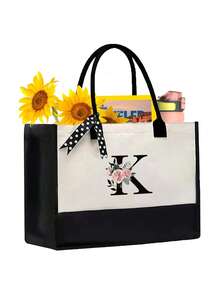 2件套花卉字母印花帆布手提袋，个性化生日礼物（女士），手提包和流苏吊坠化妆包，教师节礼物，带围巾的沙滩包，字母印花旅行简约收纳包，旅行化妆包，教师礼物 - 黑與白 - 查看 12