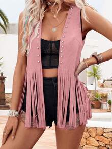 Women Rivet Tassel Vest Open Front Sleeveless Faux Suede Vest Jacket Hippie Costumes - Pink - View 4