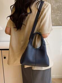 Women's Fashionable Tote Bucket Bag, Stylish Minimalist Elegant Large Capacity, Deep Blue Color, Suitable For Shoulder Wear - Blue - View 7