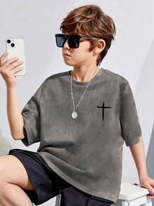 1 件休闲绒面革青少年男孩短袖 T 恤，夏季户外时尚 - 灰色 - 查看 3