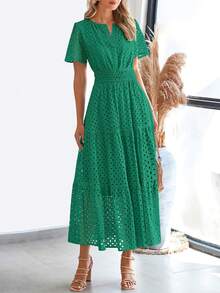 Womens Summer Maxi Dress Short Sleeve V Neck Hollow Out Eyelet A Line Long Flowy Beach Vacation Dresses - màu xanh đậm - Xem 2