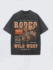 GLEC RODEO, Cowboy's Competitive Competition, Cowboy's Joyful Time, Classic Retro Fashion Casual Cowboy Riding Competition Popular Letter Pattern Printed 230g Washed Cotton T-Shirt, Men's Summer High-Quality Printed Washed Cotton Retro Fashion Brand Loose Casual Black T-Shirt, Single Piece, Suitable For Summer Outdoor Wear, With A Certain Thickness, Daily Wear And Friend Gifts, Back To School Gifts, Children's Gifts - 黑色 - 查看 1