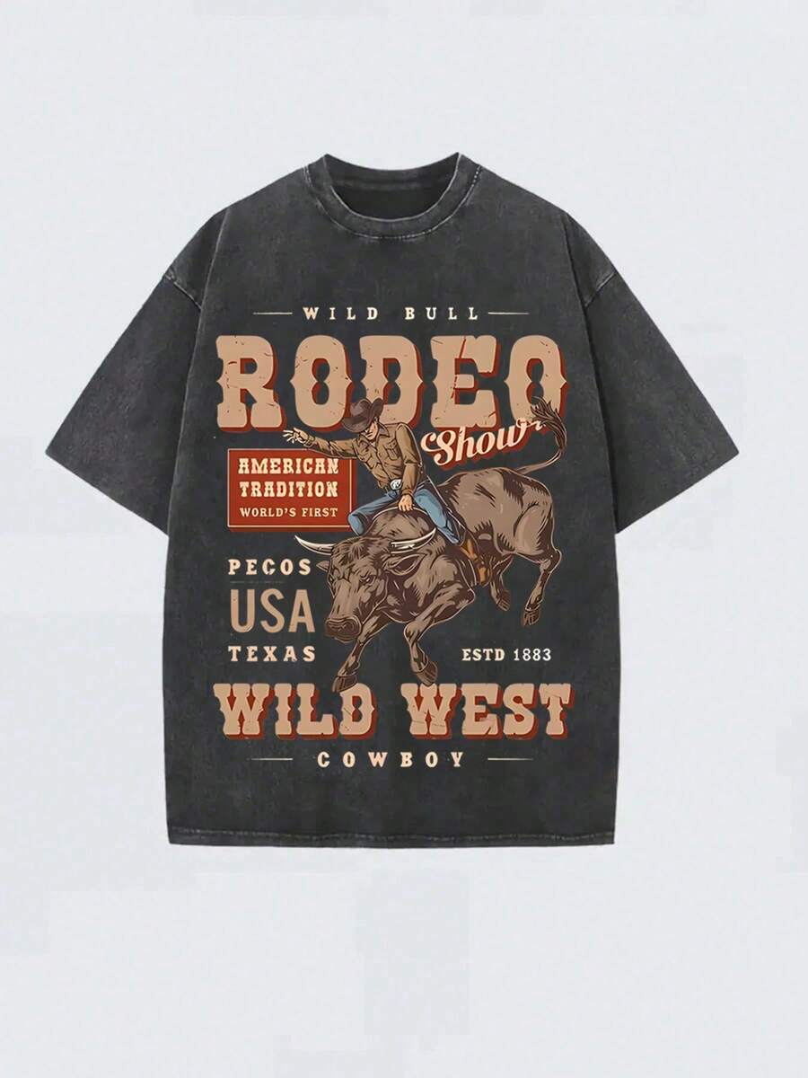 GLEC RODEO, Cowboy's Competitive Competition, Cowboy's Joyful Time, Classic Retro Fashion Casual Cowboy Riding Competition Popular Letter Pattern Printed 230g Washed Cotton T-Shirt, Men's Summer High-Quality Printed Washed Cotton Retro Fashion Brand Loose Casual Black T-Shirt, Single Piece, Suitable For Summer Outdoor Wear, With A Certain Thickness, Daily Wear And Friend Gifts, Back To School Gifts, Children's Gifts - 黑色 - 查看 1
