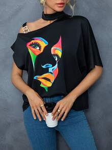 2025新款女士休闲金属扣斜肩印花宽松T恤日常穿着夏季 - 黑色 - 查看 9