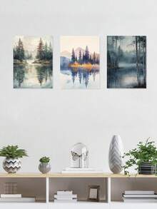 3pcs Misty Atmosphere Poster, Whispering Trees Canvas Print Wall Arts, Landscape Poster, Mountain Backdrop Artwork, Calm Lake Reflection Wall Decor, Forest Mirage Wall Decor, Art Prints, Modern Home Decor, Posters, Ideal Gift, Optional Frame - 3Pcs/Set - View 15