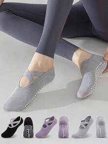 3 Pairs Black, Purple, Gray Women Sports Yoga Socks With Silicone Non-Slip Cross Strap, Breathable & Comfortable Fitness Exercise Ankle Socks, Fall - Multicolor - View 1