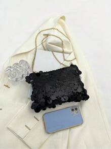 Fashionable Sequin Decorated Rectangular Women Handbag, Personalized Zipper Closure Crossbody Bag, Niche Design Chain Shoulder Bag For Parties