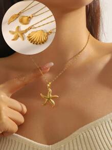 1pc Fashionable Ocean-Themed Stainless Steel Electroplated Necklace With Starfish, Seashell, Fan Shell Pendants, Suitable For Men, Women, Couples Everyday, Beach, Party, Music Festival, Gift