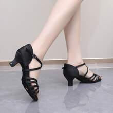 专业女士拉丁舞鞋，中跟，软底，缎面，舞蹈鞋 - 黑色 - 查看 7