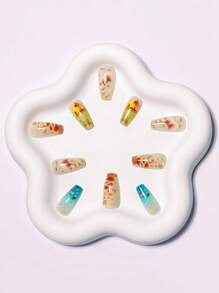 Medium And Long Ballet-Shaped Multi-Color French Style False Nails, Jellyfish And Dolphin Wearable Nails, Fashionable Design, Ocean Style, Full-Coverage False Nails Art Stickers, Fish Nail Decoration Supplies. Suitable For Office Ladies, Parties And Daily Wear. Full-Coverage False Nails Art Stickers + 1 Bottle Of Gel + 1 Nail File. Decorate Your Nails And Enhance Your Fashion Taste. Nails.