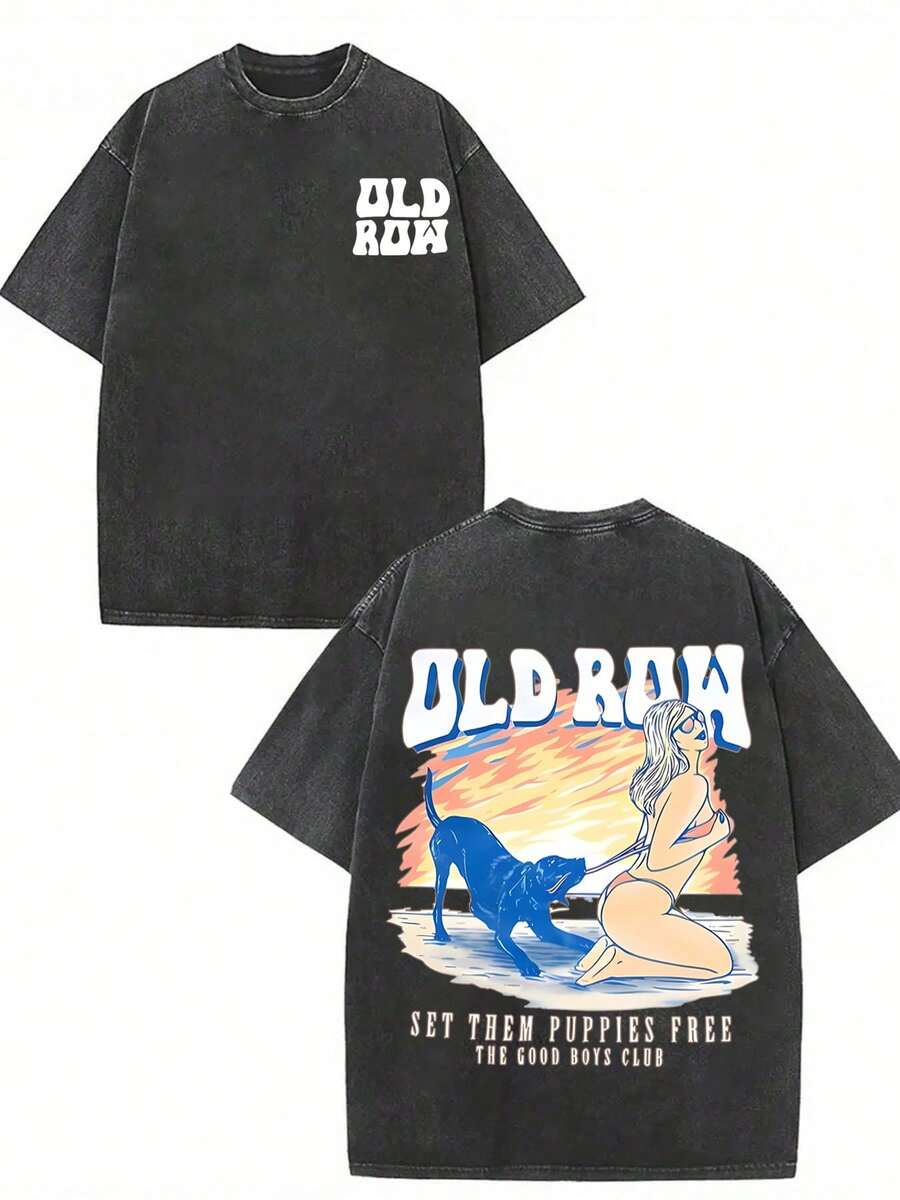OLD ROW, Dogs Are Good Friends Of Humans, Playful Little Dogs And Beautiful Women In Hot Summer, Classic Retro Fashion Popular Letter Pattern Printed 230g Washed Cotton T-Shirt, Men's Summer High-Quality Printed Washed Cotton Retro Fashion Brand Loose Casual Black T-Shirt, Single Piece, Suitable For Outdoor Wear In Summer, With A Certain Thickness, Daily Wear And Friend Gifts, Back To School Gifts - màu đen - Xem 1