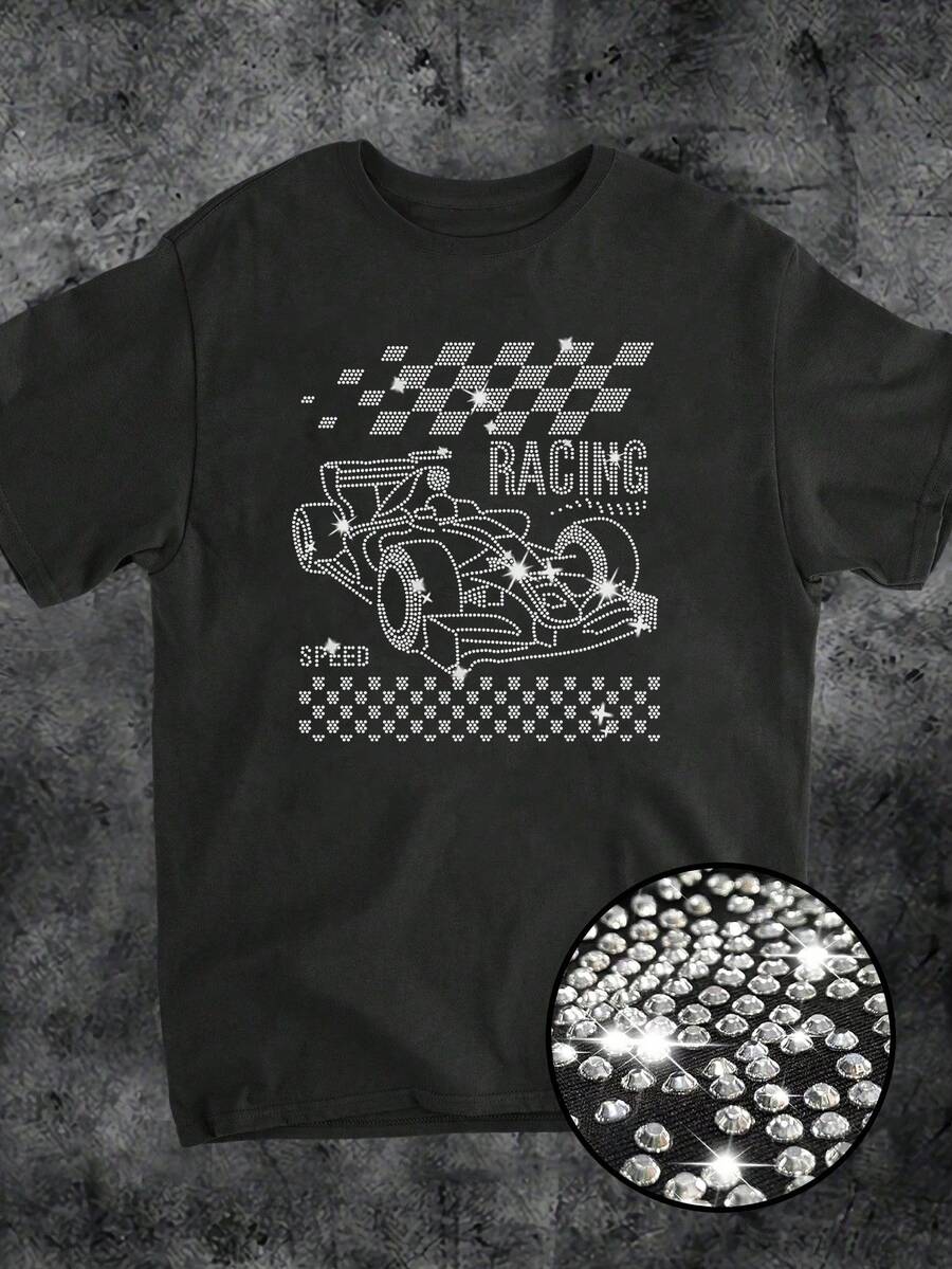 Women's Rhinestone Racing Element Letter Bling Graphic T-Shirt, Unisex Street Style Shiny Casual Round Neck Short Sleeve Tee, Fashion Daily Wear, New Collection - Black - View 1