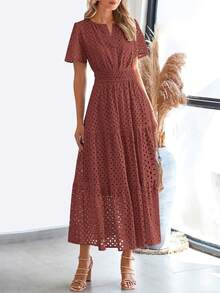 Womens Summer Maxi Dress Short Sleeve V Neck Hollow Out Eyelet A Line Long Flowy Beach Vacation Dresses - 棕紅色 - 查看 2