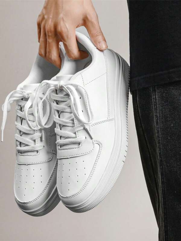Wide Fit Men's Breathable, Anti-Slip, Odor-Resistant Thick Sole Casual Leather Lace-Up Sneakers, Pure White, Plus Size, Outdoor & Leisure, Recommended To Size Up