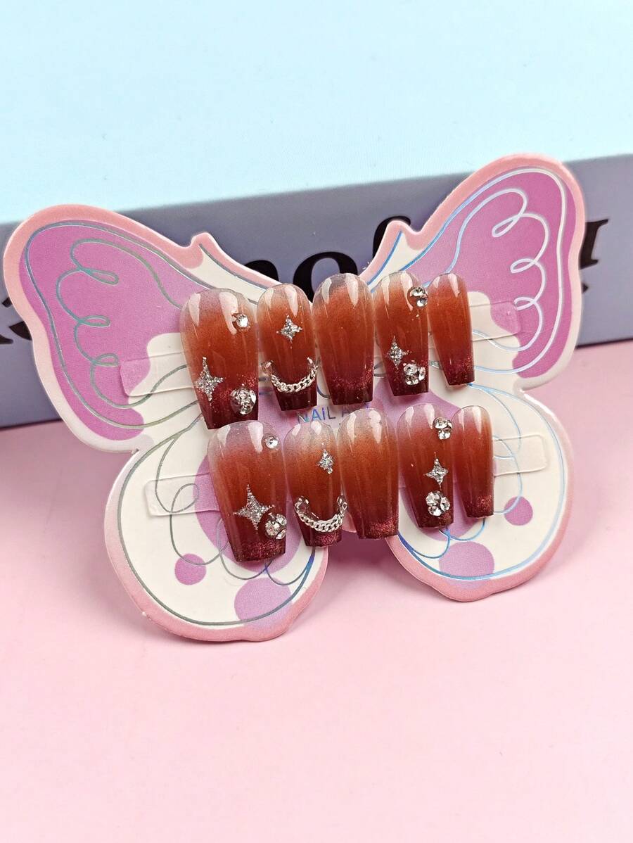 Y2K Update Your Look 10Pcs Summer Nail Cateyes Nail Gems Nail Charms Medium Coffin Nail Tips Super Glossy Press On Acrylic Kids False Nails Red Fashion French Tip Nail Gradient Glitter Geometry Stripe Star Chain Cute