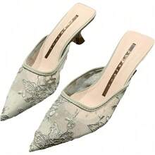 Women's Pointy Toe Mule Embroidery Mesh Kitten Heels Loafer Slip-On Slide Slingback Cosy Bridal Dress Shoe - Green - View 1