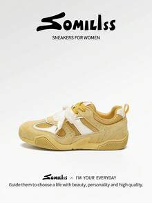 somiliss 1 双女式运动休闲鞋，系带绒面革网眼透气防滑舒适户外步行鞋，经典时尚低帮平底鞋，新款夏季款式，黄色 - 黃色 - 查看 2