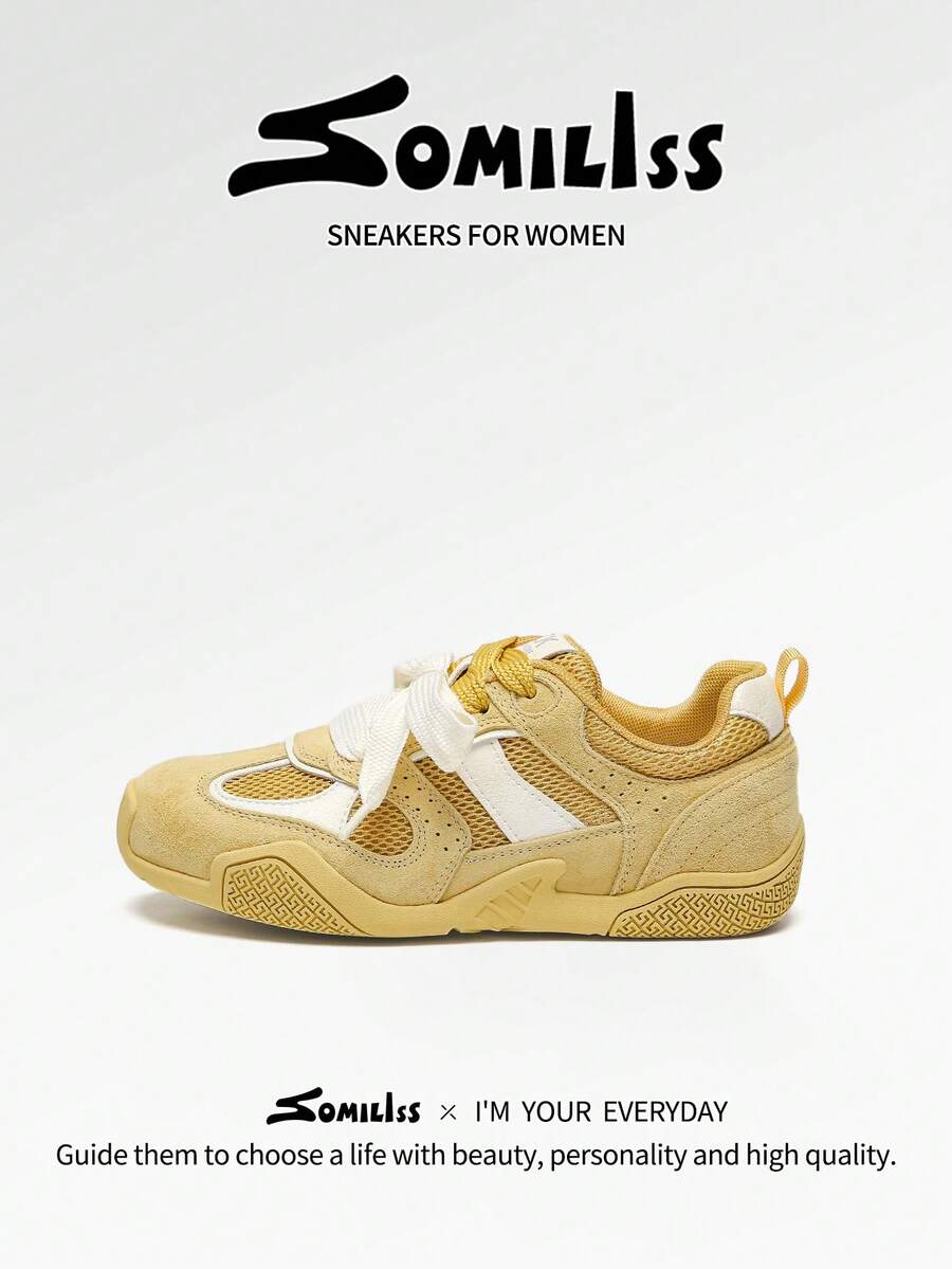 somiliss 1 双女式运动休闲鞋，系带绒面革网眼透气防滑舒适户外步行鞋，经典时尚低帮平底鞋，新款夏季款式，黄色