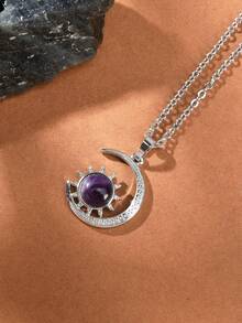 1pc Natural Crystal & Stone Crescent Moon Necklace For Women - Multicolor - View 18