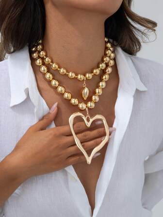 2 件/套波西米亚风格夸张串珠心形吊坠项链，奢华时尚宣言珠宝，适合女性度假或派对，饰有人造珍珠，情人节、妈妈、母亲、母亲节、礼物