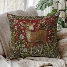 1pc Retro Morris Floral Deer Decorative Pillow Cover, Soft Peach Velvet Single-Sided Printed, 45*45CM Cushion Cover For Home Decor, Party Decor, Pillow Gift