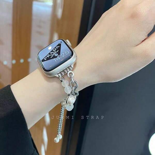 1pc Hollow Heart Shaped Pendant Bracelet, Pearl & Metal Beaded Zinc Alloy Band, Fits All 38mm/40mm/41mm/42mm/44mm/45mm/46mm/49mm Bands, Compatible With Ultra/SE/S10/S9/8/7/6/5/4/3/2/1 Series, Casual Fashion Accessory For All Seasons & Holidays