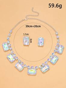 1 Set Silver Color AB Crystal Rhinestone Square Pendant Necklace & Earrings Bridal Wedding Jewelry Set For Women - Silver - View 6