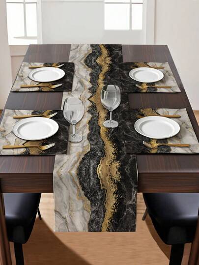 1 peça de caminho de mesa com estampa de mármore, 4 peças de jogos americanos com estampa de mármore, adequado para feriados, festas, aniversários, banquetes, cozinha, sala de jantar, decoração, decoração de quarto para todas as estações, caminho de mesa têxtil para casa
