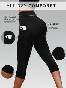Set de 3 pantalones de yoga de 3/4 para primavera/verano, pantalones deportivos casuales con control de cintura, diseño versátil con bolsillos laterales, estilo minimalista para oficina, ajuste elástico ceñido - Multicolor - Ver 3