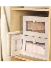 1pc Linen Storage Box With Transparent Window, Cotton Fabric Storage Container For Organizing Clothes, Toys, Books, Essential For Home & Dorm