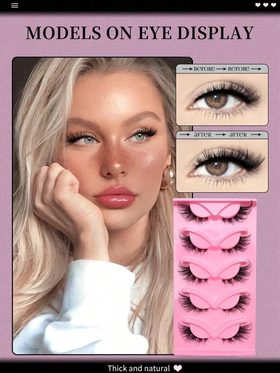 5 Pairs Cat Eye False Eyelashes, Natural Criss-Cross Style, Transparent Band, Create Natural Long Lash Effect, Eyelash Extension Makeup - Black - View 1