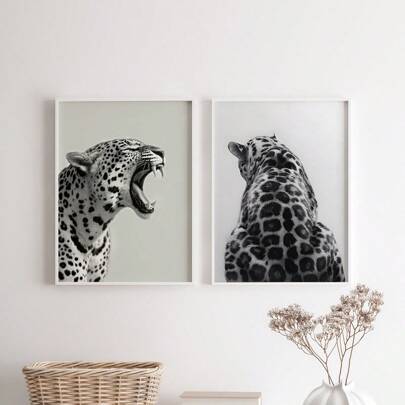 2 stuks, canvas wanddecoratie, zwart-wit wanddecoratieprint met brullend luipaard, minimalistische print met wilde dieren, moderne, bohemien kunstwerk van grote katachtigen, cheeta-kunstprint, wanddecoraties, posters, dieren - canvasmateriaal (optioneel frame)