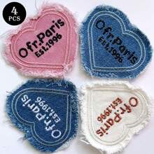 4pcs Embroidered Label Hat, Pink Denim Frayed Heart-Shaped Letter Down Jacket, Patchwork Hat Accessory
