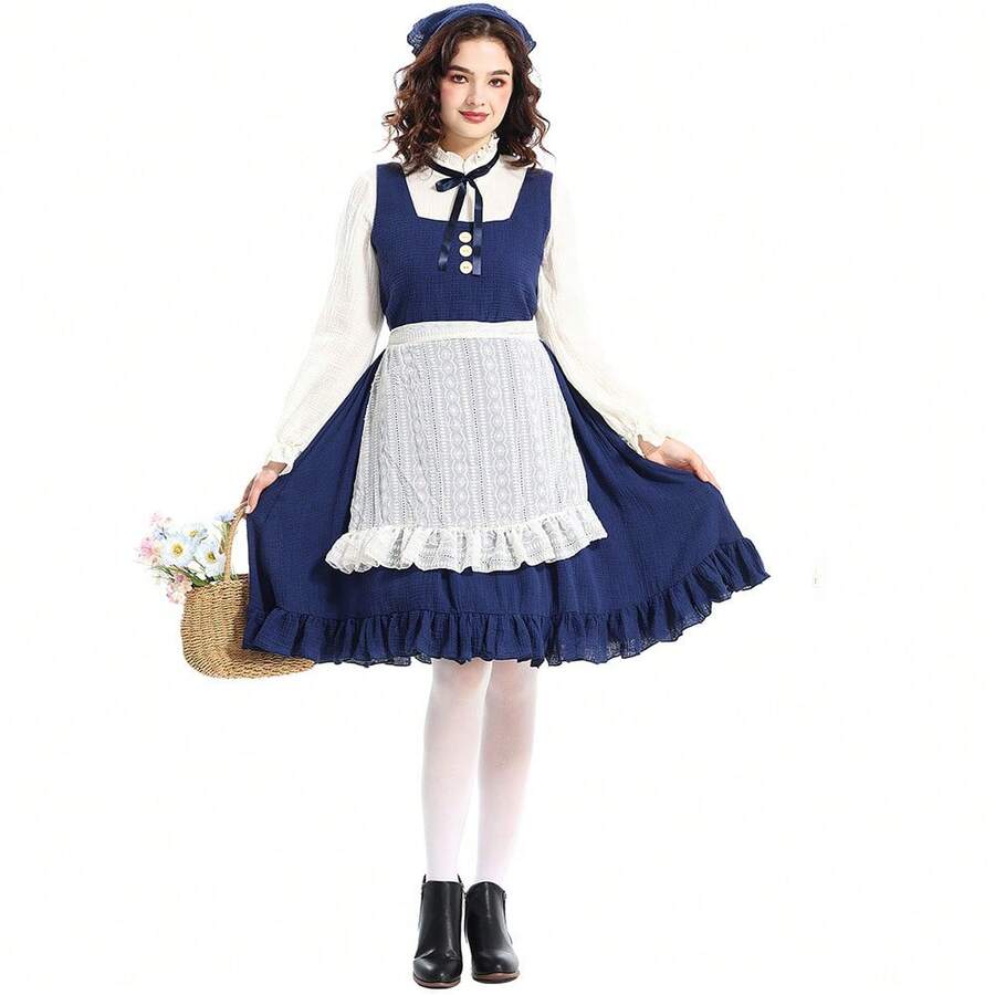 Costume da Ragazza dei Fiammiferi per adulti, stile di pittura ad olio pastorale di fattoria, abito da cameriera blu navy