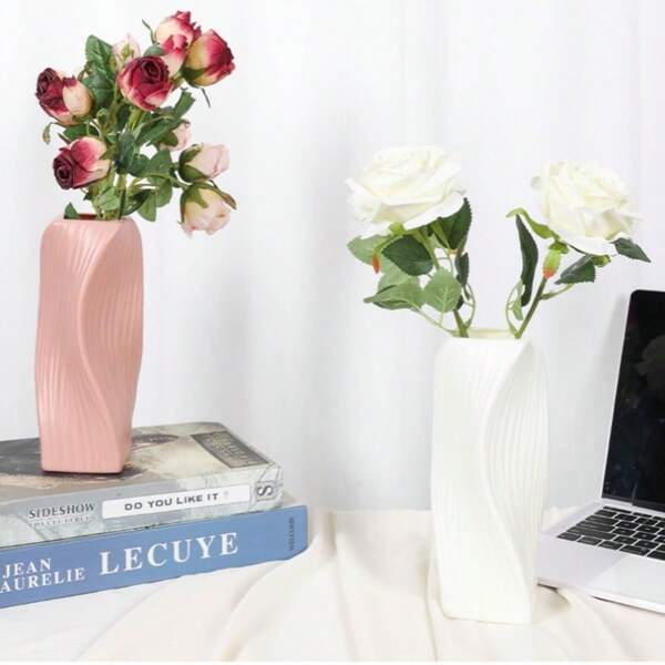 2pcs Minimalist Irregular-Shaped Plastic Vase, Modern Twisted Line Design Flower Container For Living Room Decor, White