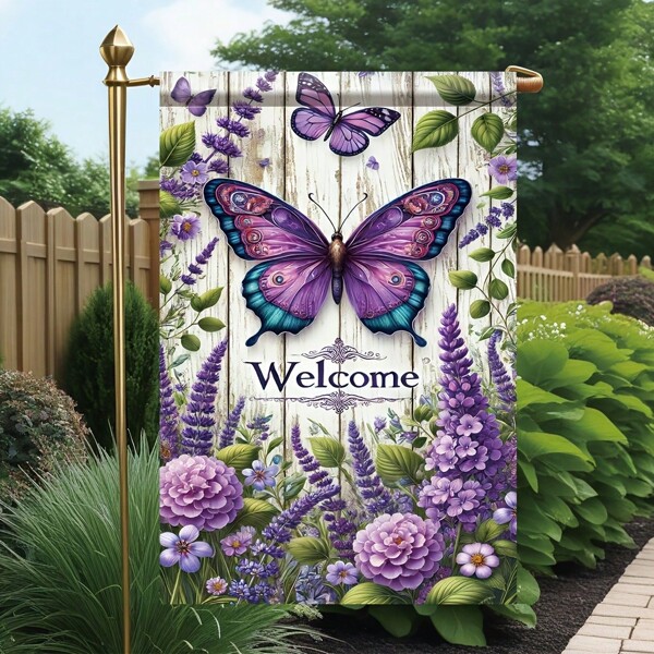 Butterfly Garden Flags - Rustic Wooden Butterfly Welcome Garden Flag, Double-Sided Polyester, 18x12 Inches, Use Without Electricity - 1pc, Outdoor Yard Decoration, No Electricity Needed, Flagpole Not Included Room Decor Bedroom Decor Home Decor Wall Decor