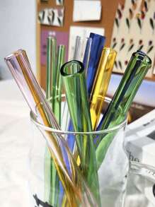 طقم قش من الزجاج 9 قطع مع فرشاة تنظيف - قش قابل لإعادة الاستخدام منحني ومستقيم للمشروبات والكوكتيلات - مثالي للمنزل والحفلات والبار ومحلات الشاي الفقاعي والمدارس