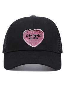 4pcs Embroidered Label Hat, Pink Denim Frayed Heart-Shaped Letter Down Jacket, Patchwork Hat Accessory