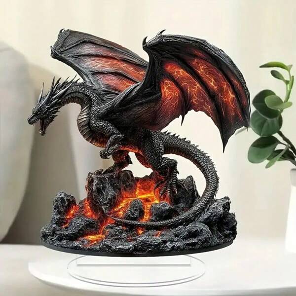 2D Acrylic Dragon Decor - Featuring A Traditional Style Black And Orange Dragon Pattern. This Is A High-Quality Decorative Item Suitable For Placing On Desks At Home And Office. No Power Source Required. Suitable For Labor Day, Thanksgiving, Christmas Decoration, Party, And Also A Unique Gift Choice. With A Flame Design, Exquisite Craftsmanship, Textured Surface, And In A 2D Flat Style.