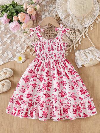 Young Girl Floral Print Spaghetti Strap Bowknot Ruffled Hem Dress