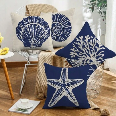 4 件海军蓝海滩装饰枕套 45cmx45cm，4 件沿海贝壳海星珊瑚门廊露台户外枕套，航海海洋春夏沙发靠垫套（无枕芯）