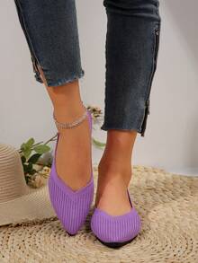 Comfortable Material, Delicate Soft Velvet Pointed-Toe Flats For Women, Displaying Elegant Quality, Casual Easy To Match, Women's Solid Color Flats, Breathable Soft Weave Lightweight Comfortable Shoes - Comfortable Material, V-Shaped Pointed-Toe Design, Casual Easy To Match - Purple - View 2