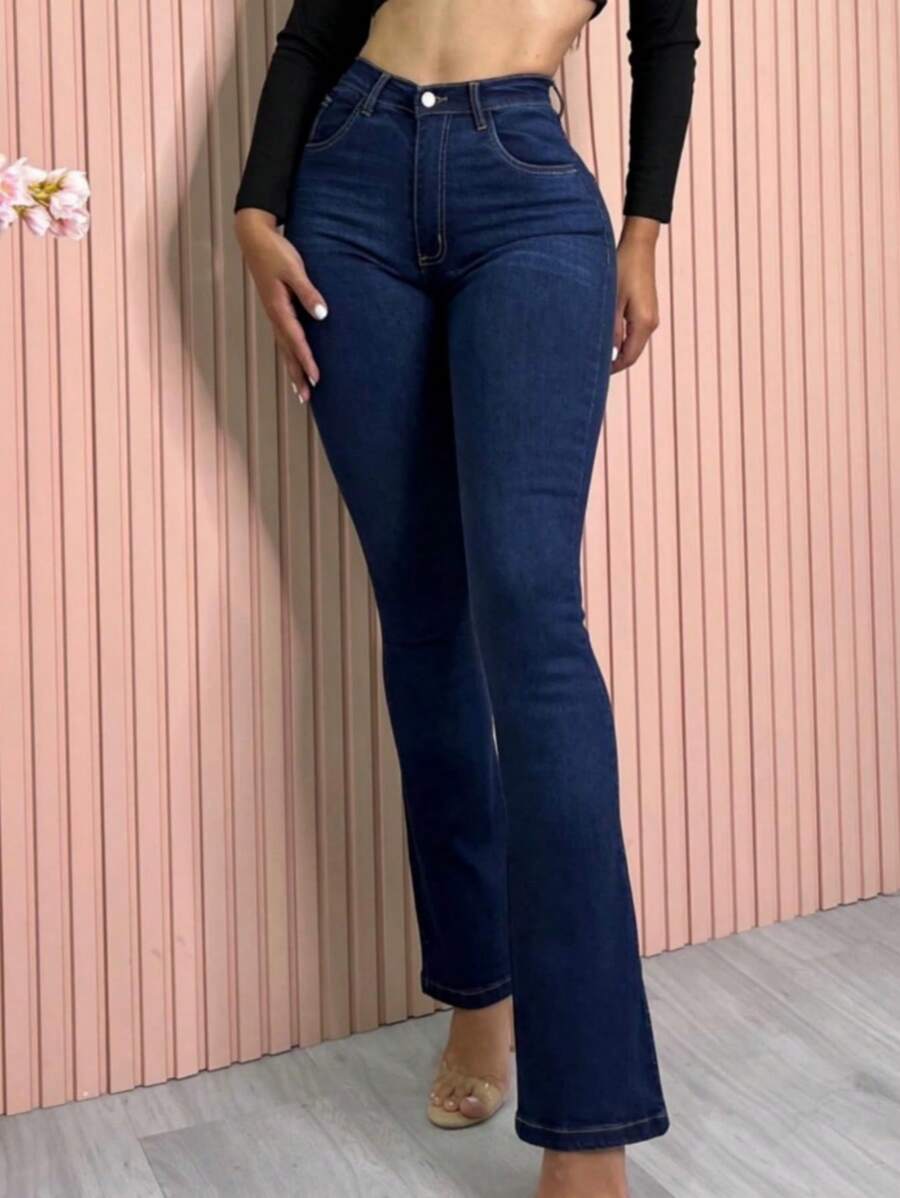 Vaqueros para Mujeres Color Sólido Fondo Acolchado Tejido de Algodón Elástico Cintura Alta Ajuste Slim Estilo Casual Vaqueros Acolchados Cierre de Botón Elástico Versátil Pantalones de Levantamiento de Cadera Lavar en Máquina - Azul Marino - Ver 1